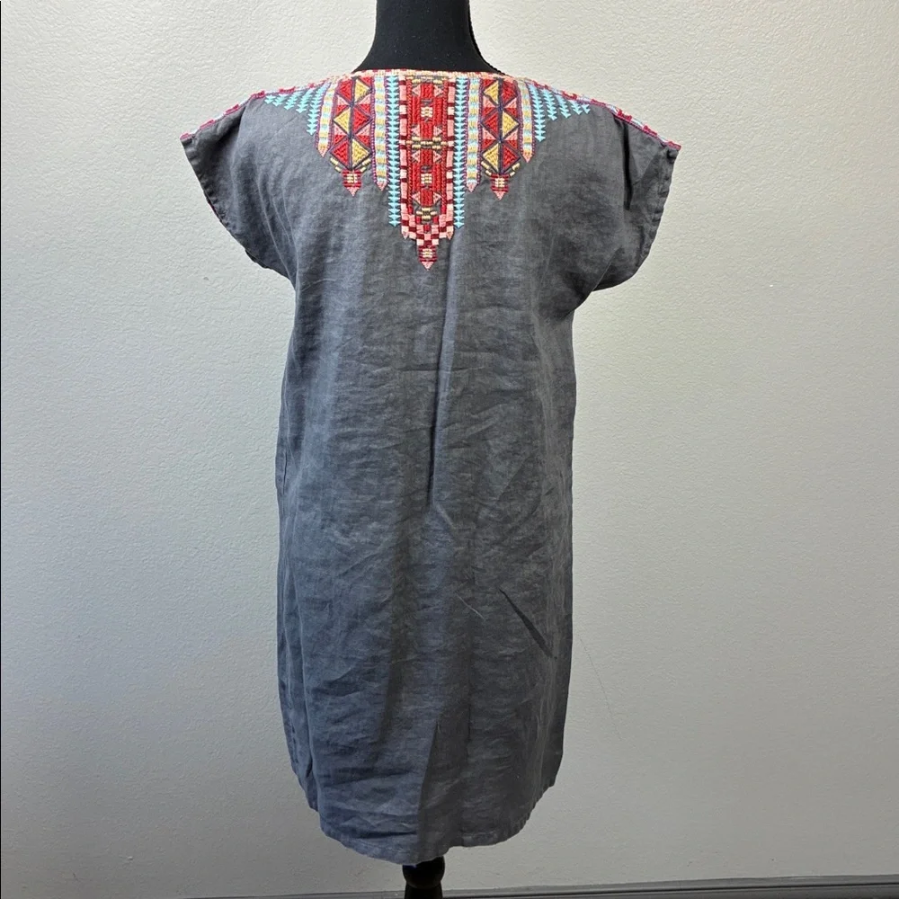 Johnny Was Ezra Shift Dress Gray Linen Embroidered Tribal Motif Mini Tunic S - Picture 6 of 11